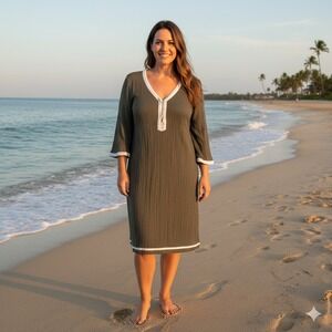 Athleta Lanai Crinkle‎ Swim Cover Up Dress Women XL Green Knee Semi Sheer Cotton